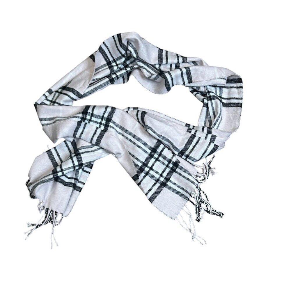 Vintage Scottish 100% Cashmere Pink Black Plaid Scarf with Fringe
